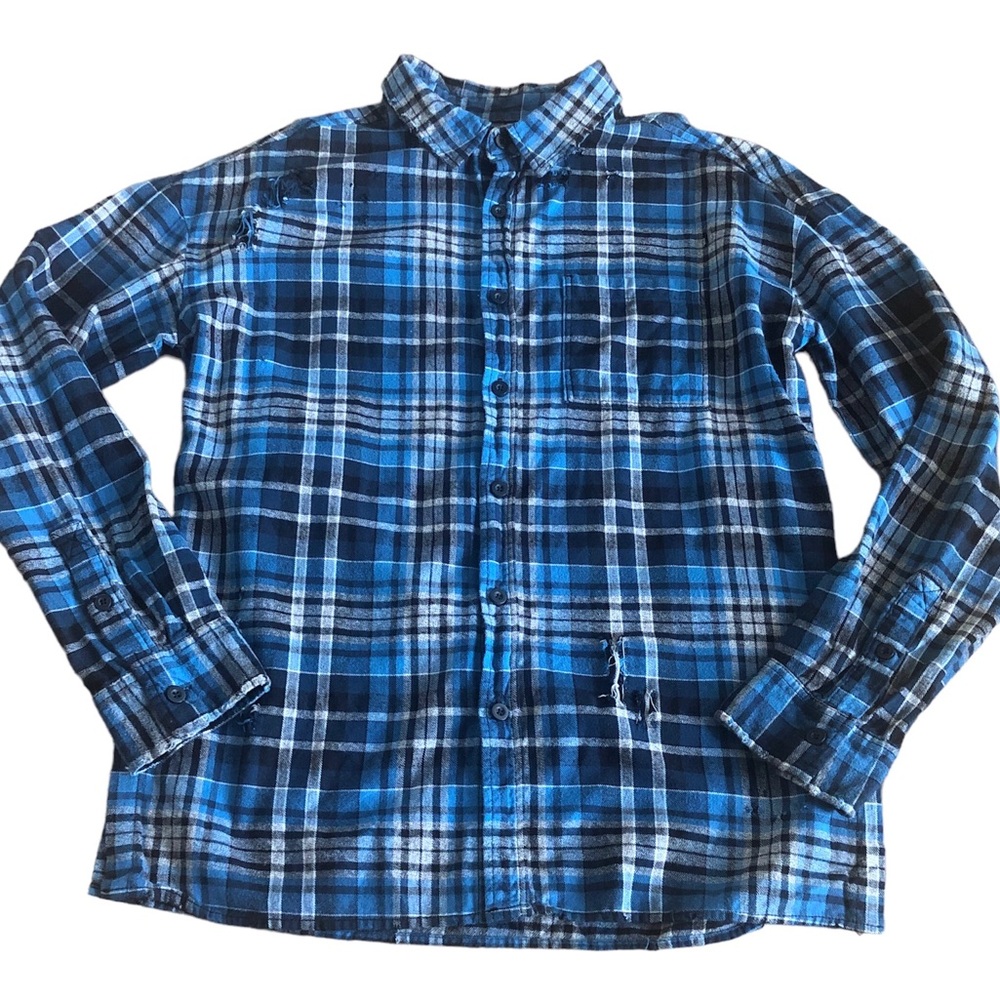 PacSun Distressed Blue Flannel Plaid Button Down Shirt